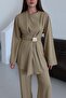 Khaki Gold Brooch Blouse Pants Set - 2