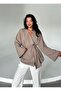 Milk Coffee Color Belted Kimono with Button Detail - 005 - 3