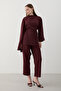 Burgundy Self-Tied Blouse and Pants Set - 8752