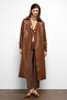 Epaulet Detailed Double Breasted Leather Trench Coat Taba 6756 - 5