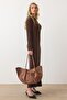 Crew Neck Thick Ribbed Long Knit Dress Brown 9363-E - 3