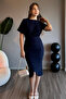 Bat Sleeve Shoulder Pleated Cotton Look Navy Blue Midi Dress - 6