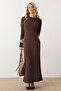 Crew Neck Thick Ribbed Long Knit Dress Brown 9363-E