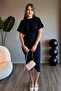 Bat Sleeve Shoulder Pleated Cotton Look Navy Blue Midi Dress - 2