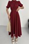 Nil Navy Blue Flared Skirt Short Sleeve Midi Length Satin Evening Dress Burgundy - 7