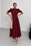 Nil Navy Blue Flared Skirt Short Sleeve Midi Length Satin Evening Dress Burgundy - 2