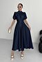Nil Navy Flared Skirt Short Sleeve Midi Length Satin Evening Dress Navy - 4