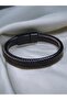 Men's Genuine Leather Handmade Bracelet – Black & Brown with Braided Detail, Magnetic Closure - 2