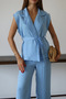 Women's Belted Vest Palazzo Linen Blended Woven Suit 3080 - 4