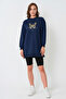 Crew Neck Butterfly Printed Knitted Long Sweat Tunic-Navy Blue - 3