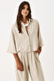 Women's Short Sleeve Striped Oversized Shirt - Beige Striped - 6