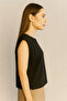 Women's Thick 100% Cotton T-Shirt with Side Button Detail - Black - 2