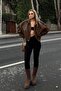 Brown Lined Suede Bomber Women's Cropped Coat with Epaulet Detail - 2