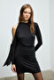 Assetra women's round neck stretch fabric one shoulder open tie detailed mini black dress