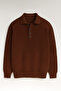 Oversize Thessaloniki Knitted 4 Button Half Placket Comfortable Fit Men's Knitwear Sweater - Brown
