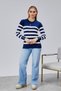 Striped Wool Women's Trendy Knitwear Sweater with Collar and Cuff Button Detail - 5
