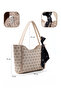 Monogram Printed Mink Shk240 Faux Leather Zippered Single Compartment Handbag, Arm Bag and Shoulder Bag with Scarf Gift - 4