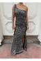 Trend Velvet Slit Bearded Sequin Dress Silver 583150 - 4