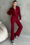 Burgundy Ribbed Knit Pants Bomber Jacket Women's Two-Piece Set - 5
