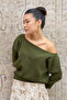 Khaki Green Boat Neck Oversize Knit Sweater - 2