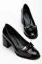 Plus Size Women's Block Heel Shoes Black Patent Leather Bow Round Toe