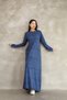Women's Navy Blue Button Detail Round Neck Long Sleeve Distressed Detail Loose Cotton Knit Long Dress - 3