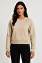 Beige Raglan Sleeve Ribbed Detail Crew Neck Three Thread Ribbed Crop Sweatshirt - 6