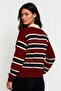 Burgundy Striped Buttoned Polo Neck Knit Sweater - 6