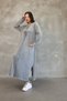 Women's Gray Round Neck Buckle Side Slit Vintage Detailed Cotton Knit Long Dress - 6