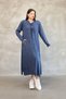 Women's Navy Blue Round Neck Buckled Side Slit Vintage Detailed Cotton Knit Long Dress - 3