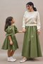 Khaki Green Balloon Skirt and Girl's Dress Mother-Daughter Combination (Sold as a Single Item)