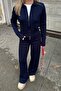 Navy Blue Cara Polo Neck Reversible Zipper Crop-Pants Women's Knitwear Bottom-Top Set - 4