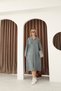 Women's Gray Shirt Collar Button Closure Pocketed Vintage Loose Cotton Knit Midi Dress