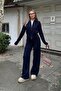 Navy Blue Cara Polo Neck Reversible Zipper Crop-Pants Women's Knitwear Bottom-Top Set - 3