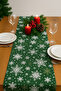 Green Background White Snowflake Duck Linen Table Runner – Winter and New Year Themed Decorative Cover