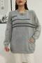 Women's Gray Round Neck Distressed and Ripped Detailed Pocketed Long Sleeve Loose Cotton Knitwear Sweater Blouse