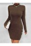 Knitted Dress Ribbed Model Button Detail Slit Comfortable High Neck - 3