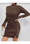 Knitted Dress Ribbed Model Button Detail Slit Comfortable High Neck