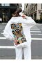 Women's White Cartoon Raccoon Printed 3 Thread Hoodie Sweatshirt - 5
