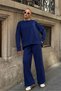 Women's Navy Blue Crew Neck Blouse and Relaxed Fit Pants with Elastic Waist Bottom Top Set