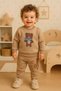 Atkili Ayicik Süzene Embroidered Winter Fleece 3-Thread Fabric Baby Boy Top and Bottom 2-Piece Set