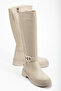 Women's Beige Leather Thick Thermo Sole Buckle Zippered Boots - 2