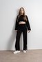 Women's Knitwear Striped Crop Top and Bottom Set – Black-Cream - 3