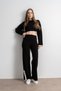 Women's Knitwear Striped Crop Top and Bottom Set – Black-Cream - 4
