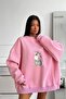 Women's Oversize Sweatshirt Dress Blessed Bunny Printed Pink – Crew Neck, 3 Thread Fleece - 4
