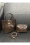 Women's Bitter Brown Bucket Model Mini Leather Hand and Shoulder Bag with Puppy Inside - 3
