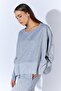 Women's Gray Melange Crew Neck Sweatshirt with Snap Buttons on the Sleeves and Drop Shoulder - 2
