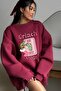 Women's Oversize Sweatshirt Dress Grinch Mode Printed Burgundy – Crew Neck, 3 Thread Fleece - 4