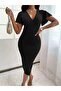 Women's Short Sleeve Deep Low-Cut V-Neck Split Midi Janjan Crepe Dress - 3