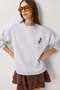 Embroidered Oversize Ribbed Knitted Sweatshirt Lzv0036 Gray Melange